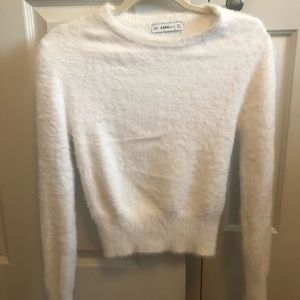 White fuzzy sweater from Zara